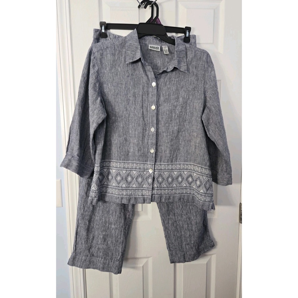 Chico's Design Womans 2 Piece Pant Set Size 3  Grey Embroidery Button Down Shirt